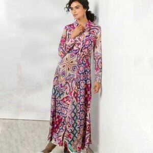 Soft Surroundings Palmero Dress, Floral Fuscia Maxi Soho Shirtdress Pink Gold
